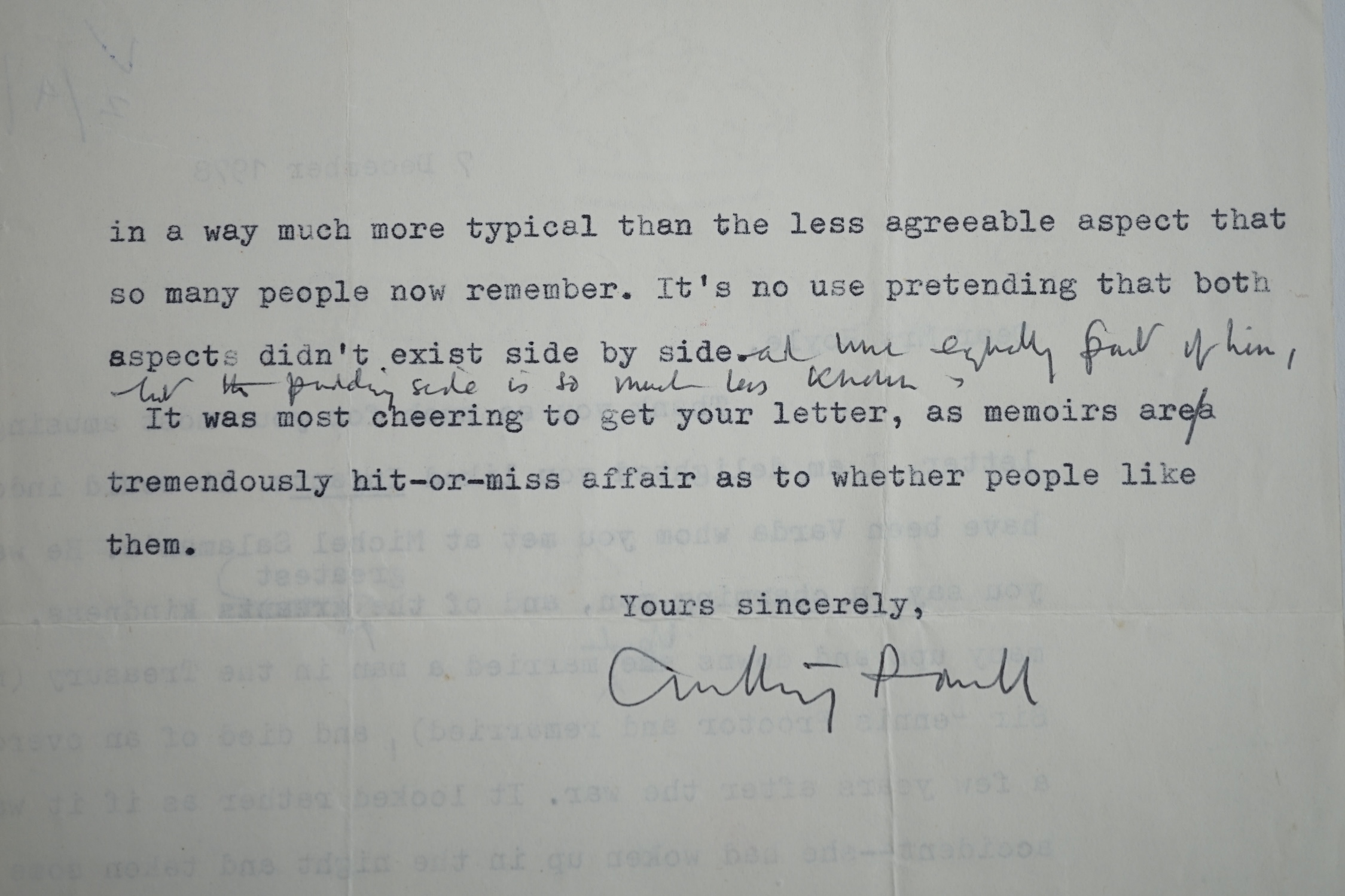 Anthony Powell (1905-2000). Typed letter with handwritten amendments and full signature, to a Mrs Hoyle, 7 December 1978. Discusses Infants of the Spring (1976), Messengers of Day (1978)